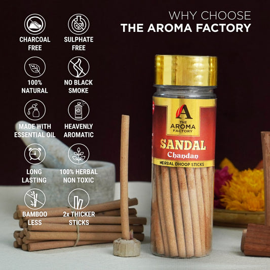 The Aroma Factory Sandalwood Chandan Dhoop Stick (0% Charcoal 0% Suphates) Herbal Incense Dhoopbatti Bottle Pack, 100g