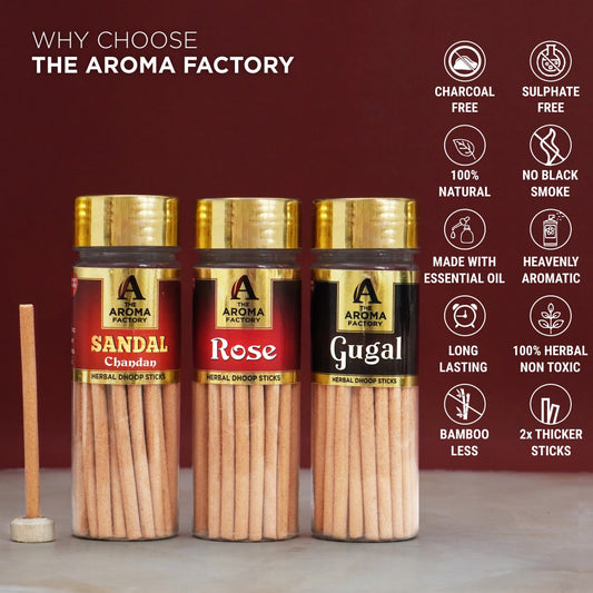 The Aroma Factory Organic Chandan,Rose,Gugal Dhoop Batti Sticks for Pooja with dhup Incense Holder Stand,Best for Long Lasting Fragrances (Pack of 3x100g)