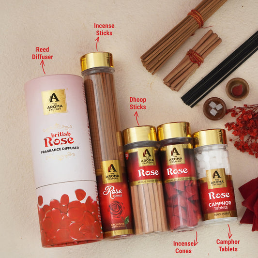 The Aroma Factory Blissful Rose, Complete Fragrance Collection of Agarbatti, Dhoop Batti, Dhoop Cone, Camphor Tablet & Reed Diffuser, Combo of 5