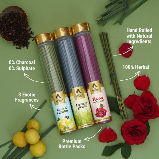 The Aroma Factory Organic Incense Sticks (Herbal Agarbatti for Smudging, Cleansing) 0% Charcoal, 0% Sulphur, 3 x 100g Bottle (Clove & Lemon, Lemongrass & Rose Patchouli)