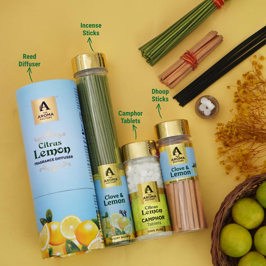 The Aroma Factory Lemon Zest, Complete Fragrance Collection of Agarbatti, Dhoop Batti, & Reed Diffuser, Combo of 4