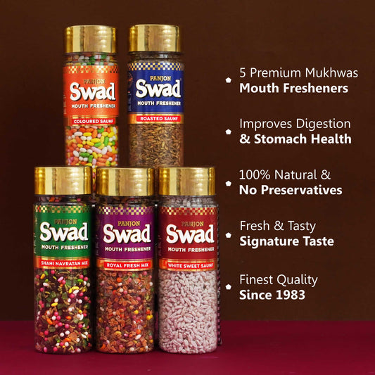 Panjon Swad 5 Mouthfresheners Combo (Navratan Mix Mukhwas, Royal Fresh,White Sweet Saunf, Coloured Saunf, Roasted Saunf) 700g