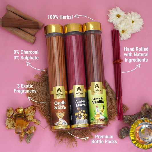 The Aroma Factory Organic Incense Sticks (Herbal Agarbatti for Smudging, Cleansing) 0% Charcoal, 0% Sulphur, 3 x 100g Bottle (Santal & Vanilla, Amber Myrrh, Oudh & White Woods)