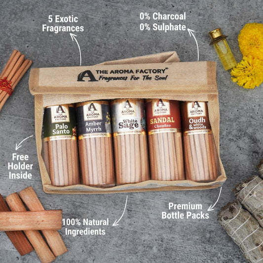 The Aroma Factory Dhoop Batti Set (Palo Santo, Amber & Myrrh, White Sage, Chandan, Oudh & White Woods) Herbal Dhup Sticks in Jute Bag, 5 Bottles x 100g
