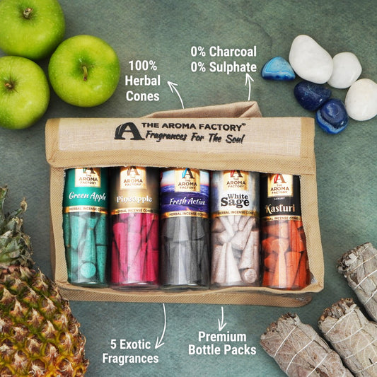 The Aroma Factory Incense Cone Set (Green Apple, Pineapple, Fresh Active, White Sage, Musk) Dhoop Cones, Pack of 5 x 30 Cones