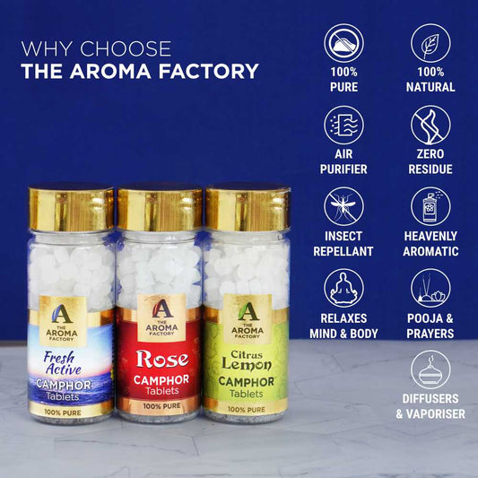 The Aroma Factory 100% Pure Camphor Tablets Fresh Active, Rose & Citrus Lemon Fragrances Pack of 3 Bottle