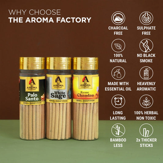 The Aroma Factory Dhoop batti, No Bamboo Herbal Dhoop Sticks with Incense Holder, 3 Bottle x 100g ( Palo Santo, White Sage & Kesar Chandan )