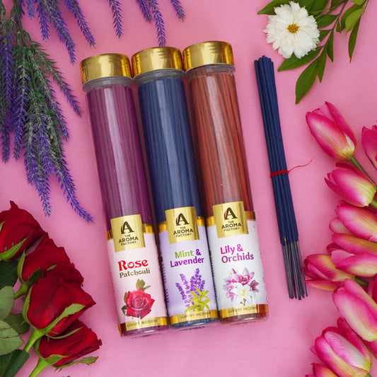 The Aroma Factory Organic Incense Sticks (Herbal Agarbatti for Smudging, Cleansing) 0% Charcoal, 0% Sulphur, 3 x 100g Bottle (Rose Patchouli, Mint & Lavender & Lily & Orchid)