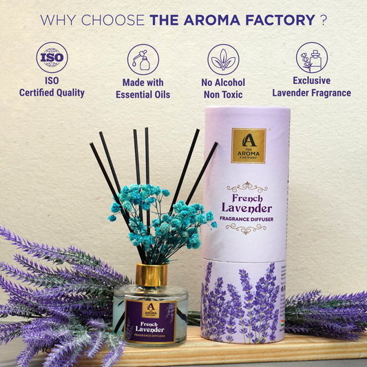 The Aroma Factory Fragrance Diffuser Set with Fibre Reed Sticks, Real Flowers, 100 ml (3.4 Oz) Aroma Oil (Lavender, 1 Box)