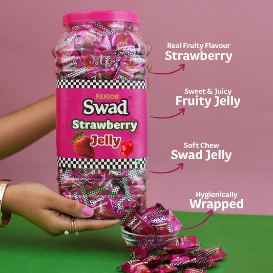 Swad Strawberry Jelly Candy, Soft & Chewy Fruit Sweets, 900g Jar