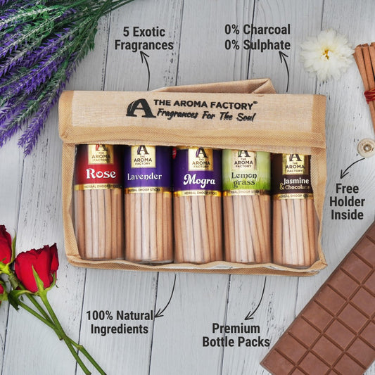 The Aroma Factory Dhoop Batti Set (Rose, Lavender, Jasmine & Chocolate, Lemongrass, Mogra) Herbal Dhup Sticks in Jute Bag, 5 Bottles x 100g