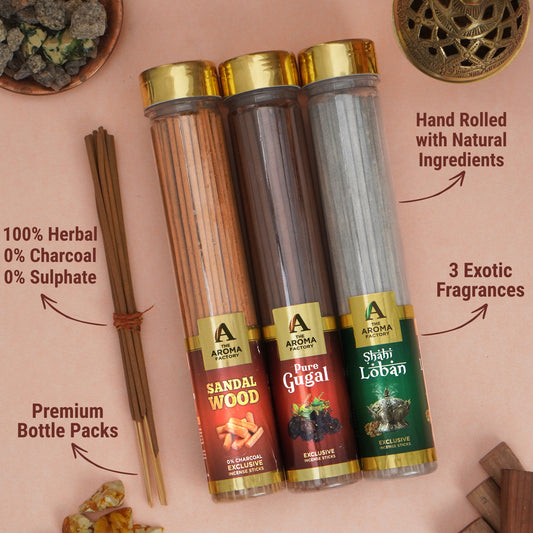 The Aroma Factory Loban,Gugal & Chandan Sandalwood Agarbatti for Pooja,Luxury Incense Sticks,100% Herbal Fragrance Agarbathi (Bottle Pack of 3x100g)