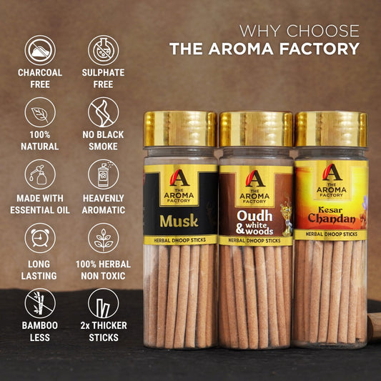 The Aroma Factory Dhoop batti, No Bamboo Herbal Dhoop Sticks with Incense Holder, 3 Bottle x 100 g (Kasturi Musk, Oudh & White Woods & Kesar Chandan)