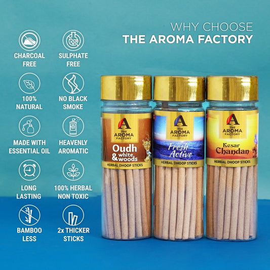 The Aroma Factory Dhoop batti, No Bamboo Herbal Dhoop Sticks with Incense Holder, 3 Bottle x 100 g (Oudh & White Woods, Fresh Active & Kesar Chandan)