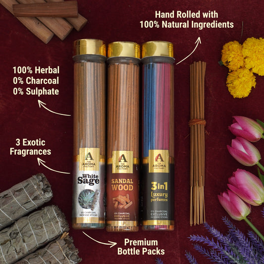 The Aroma Factory White Sage, Sandalwood & 3in1 Agarbatti for Pooja,Luxury Incense Sticks,100% Herbal Fragrance Agarbathi (Bottle Pack of 3x100g)