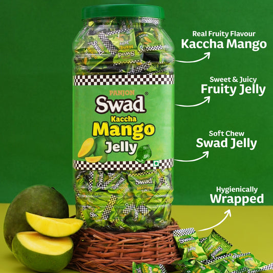 Swad Kaccha Mango Jelly Candy, Soft & Chewy Fruit Sweets, 900g Jar