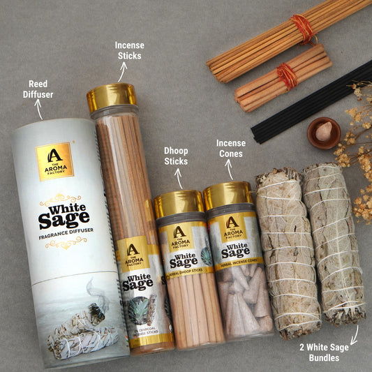 The Aroma Factory White Sage Aura, Complete Fragrance Collection of Agarbatti, Dhoop Batti, Dhoop Cone, Dry Leaves Bundle & Reed Diffuser, Combo of 5