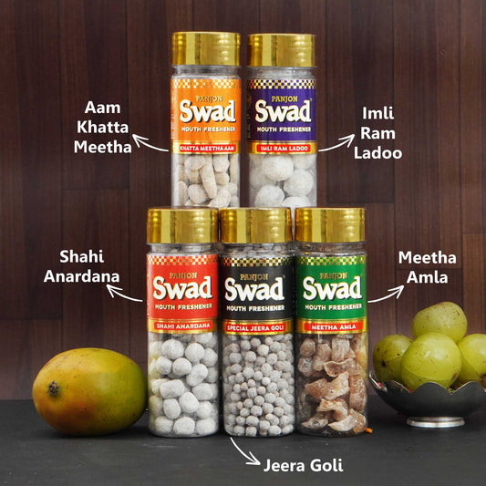 Swad Pachak 5 bottles (Shahi Anardana, Jeera goli, Meetha Amla Candy, Khatta Meetha aam mango slices & Imli Ram ladoo Mouth fresheners) 700g