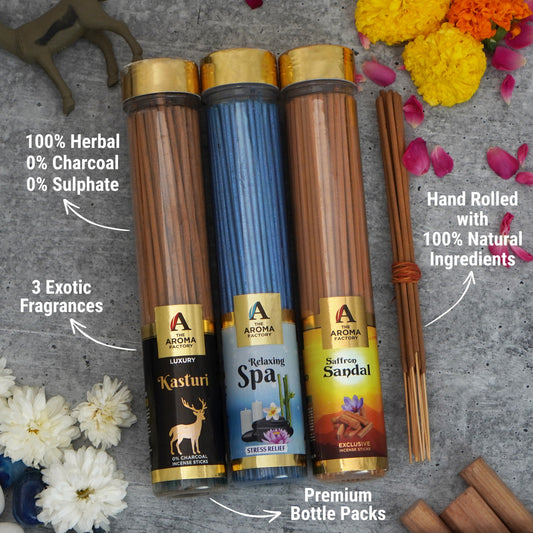 The Aroma Factory Organic Relaxing Spa,Kasturi Musk & Saffron Sandal Agarbatti for Pooja, No Charcoal Incense Sticks, 0% Sulphates (Bottle Pack of 3x100g)
