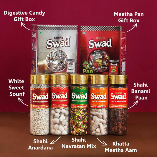 Panjon Swad Mukhwas & Gift Box Combo (Navratan mix,Khatta Meetha Aam ,Anardana,Banarasi Paan ,White Sweet Saunf, Digestive & Meetha Paan Candies (2 x 125 Gift Box) 7 Units
