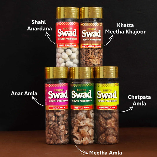 Panjon Swad Mukhwas Anar Amla, Meetha Amla,Chatpata Amla ,Anardana goli, Khatta Meetha Khajoor Mukhwas 5 Bottles, 730g