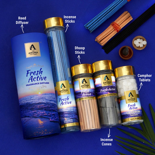 The Aroma Factory Fresh Active Sanctuary, Complete Fragrance Collection of Agarbatti, Dhoop Batti, Dhoop Cone, Camphor Tablet & Reed Diffuser, Combo of 5