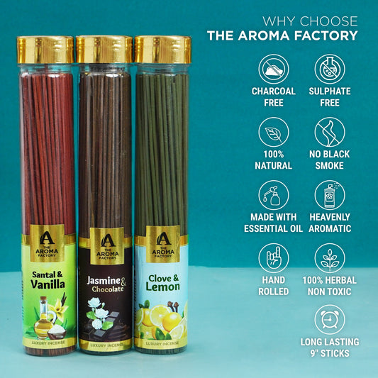 The Aroma Factory Organic Incense Sticks (Herbal Agarbatti for Smudging, Cleansing) 0% Charcoal, 0% Sulphur, 3 x 100g Bottle (Santal & Vanilla, Jasmine & Chocolate & Clove & Lemon)