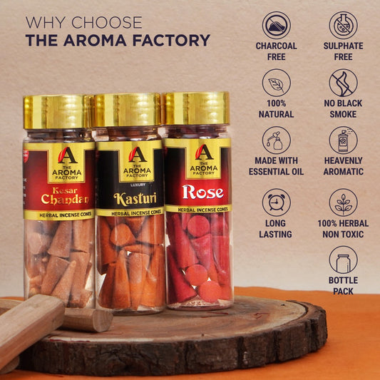The Aroma Factory Organic Incense Dhoop Cones (Saffron Sandal, Musk Kasturi , Rose,) No Charcoal | No Bamboo | 100% Herbal Fragrance | Assorted Pooja Dhoop, 3 x 90g