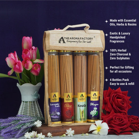 The Aroma Factory Incense Sticks (Rose, Lavender, Mogra & Kewda Agarbatti) 4 bottles, Fragrance Jute Gift Pack