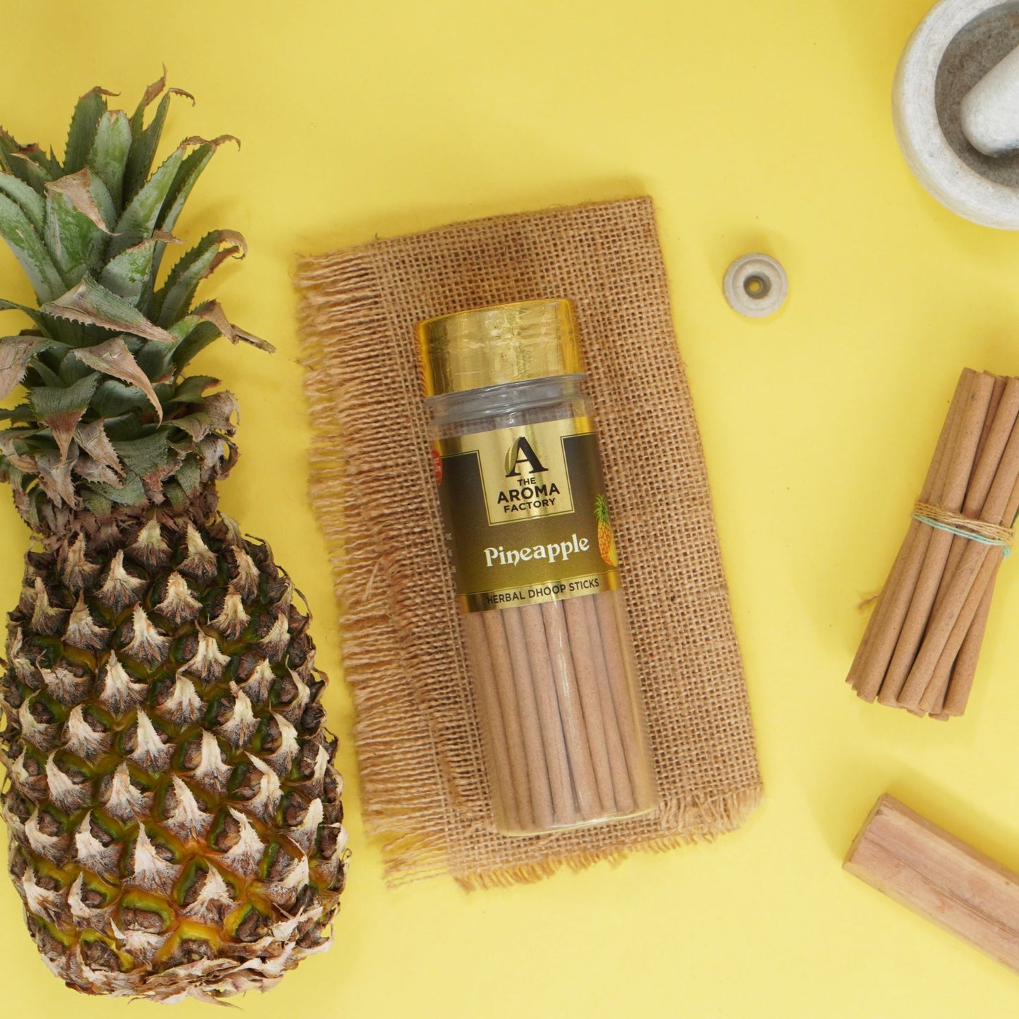 The Aroma Factory Dhoop Batti Set (Pineapple, Santal & Vanilla, Jasmine & Chocolate, Clove & Lemon, Fresh Active) Herbal Dhup Sticks in Jute Bag, 5 Bottles x 100g