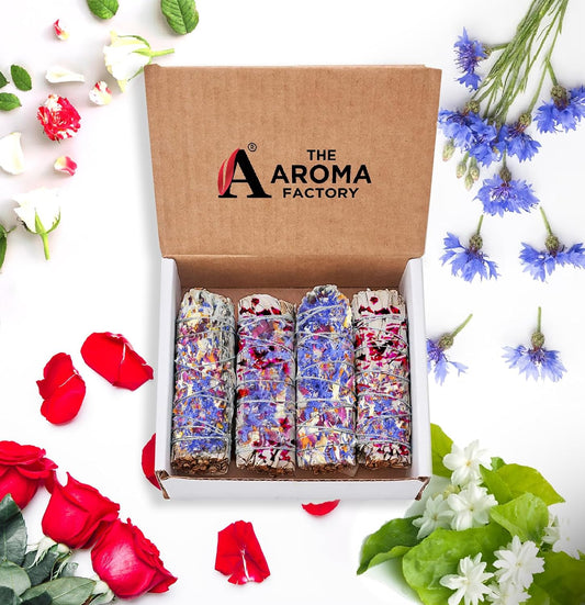 The Aroma Factory Natural White Sage Dry Leaves with Mix Flowers Smudging Sticks Bundles (6 Inch x 30g Each) Pack of 4