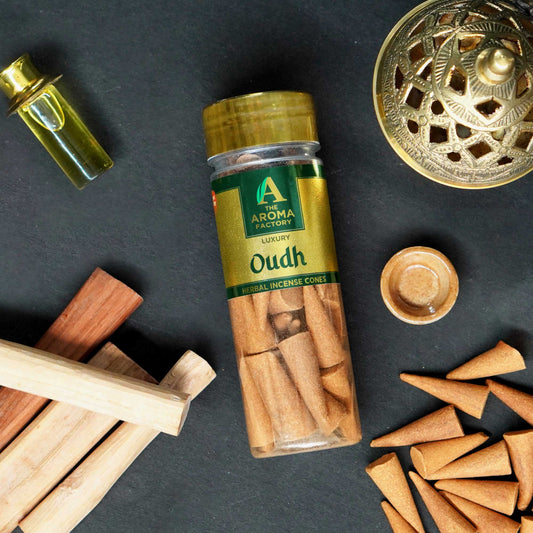 The Aroma Factory Oudh Incense Cone (0% Charcoal 0% Suphates Luxury Oud Dhoop) Free Holder Bottle Pack, 30 Cones