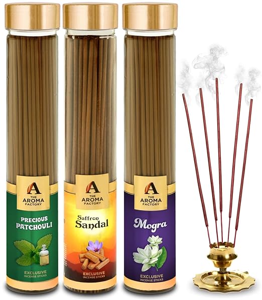 The Aroma Factory All in One Combo (Patchouli, Mogra and Kesar Chandan) Herbal Incense Sticks Agarbatti (Bottle Pack of 3 x 100)