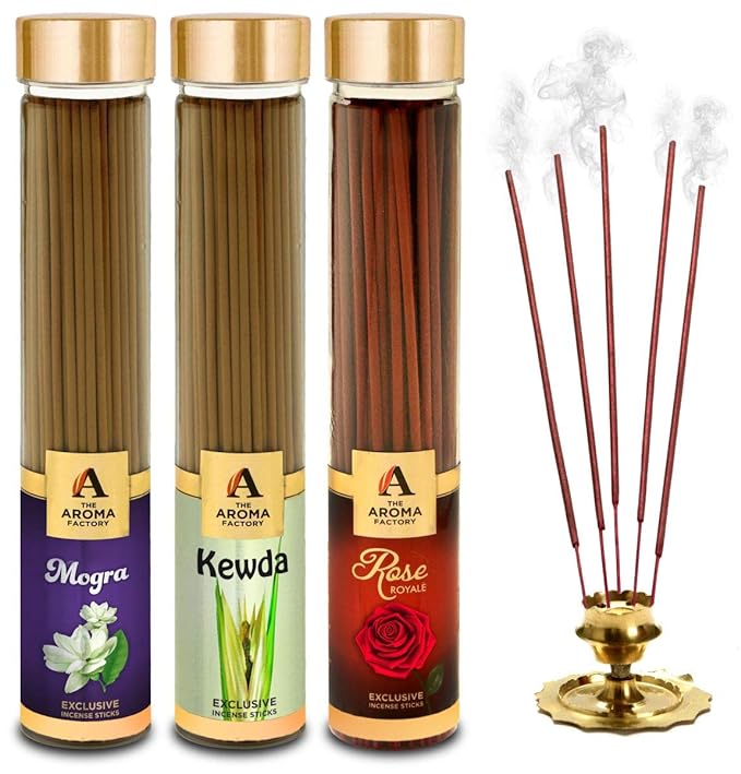 The Aroma Factory Air Freshener Agarbatti Combo - Rose, Mogra, Kweda Incense Sticks (Bottle Pack of 3 x 100)