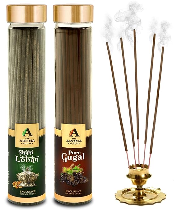 The Aroma Factory Agarbatti for Pooja, Loban & Pure Gugal Incense Sticks, Charcoal Free & Low Smoke Agarbatti with Essential Oils & Natural Fragrance, 100g X 2 Bottle