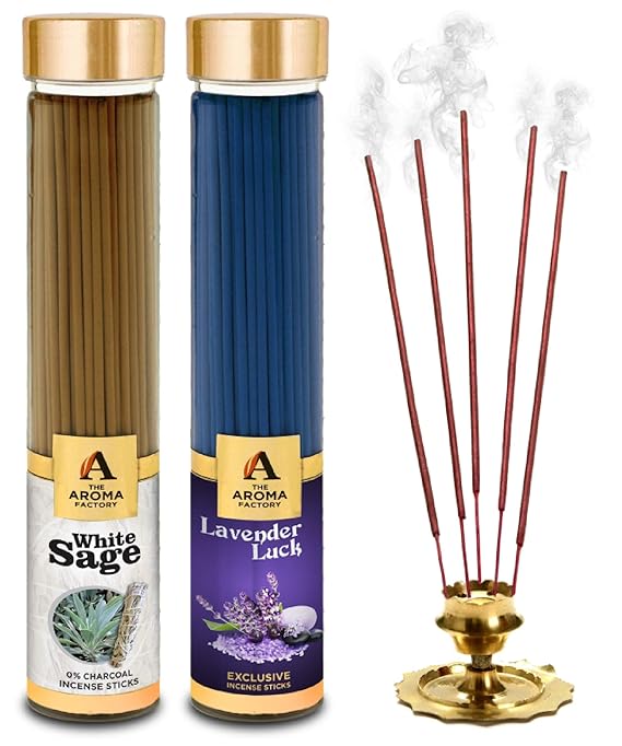 The Aroma Factory Agarbatti for Pooja, White Sage & Lavender Luck Incense Sticks, Charcoal Free & Low Smoke Agarbatti with Essential Oils & Natural Fragrance, 100g X 2 Bottle