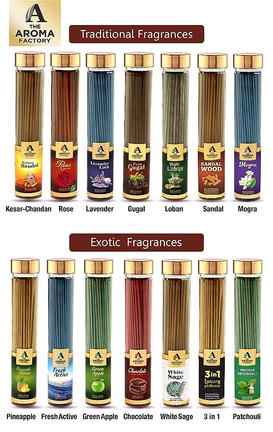 The Aroma Factory Agarbatti for Pooja, Fresh Active Incense Sticks, Charcoal Free & Low Smoke Agarbatti with Essential Oils & Natural Fragrance (100g X 3 Bottle Pack)