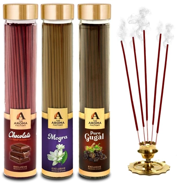 Roll over image to zoom in   2 VIDEOS      The Aroma Factory Chocolate, Mogra & Gugal Incense Stick Agarbatti (Zero Charcoal & 100% Herbal) Bottle Pack of 3 x 100