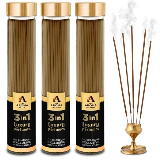 The Aroma Factory 3 in 1,Luxury Perfumes Incense Sticks Agarbatti (Charcoal Free & 100% Herbal) Bottle Pack of 3 x 100