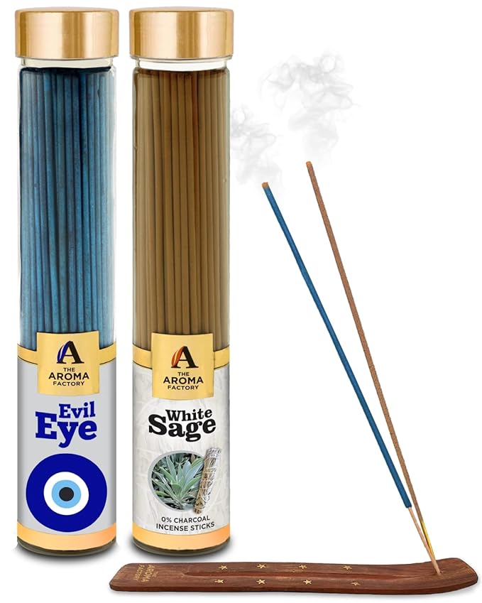 The Aroma Factory Agarbatti for Pooja, Evil Eye & White Sage Incense Sticks, Charcoal Free & Low Smoke Agarbatti with Essential Oils & Natural Fragrance, 100g X 2 Bottle