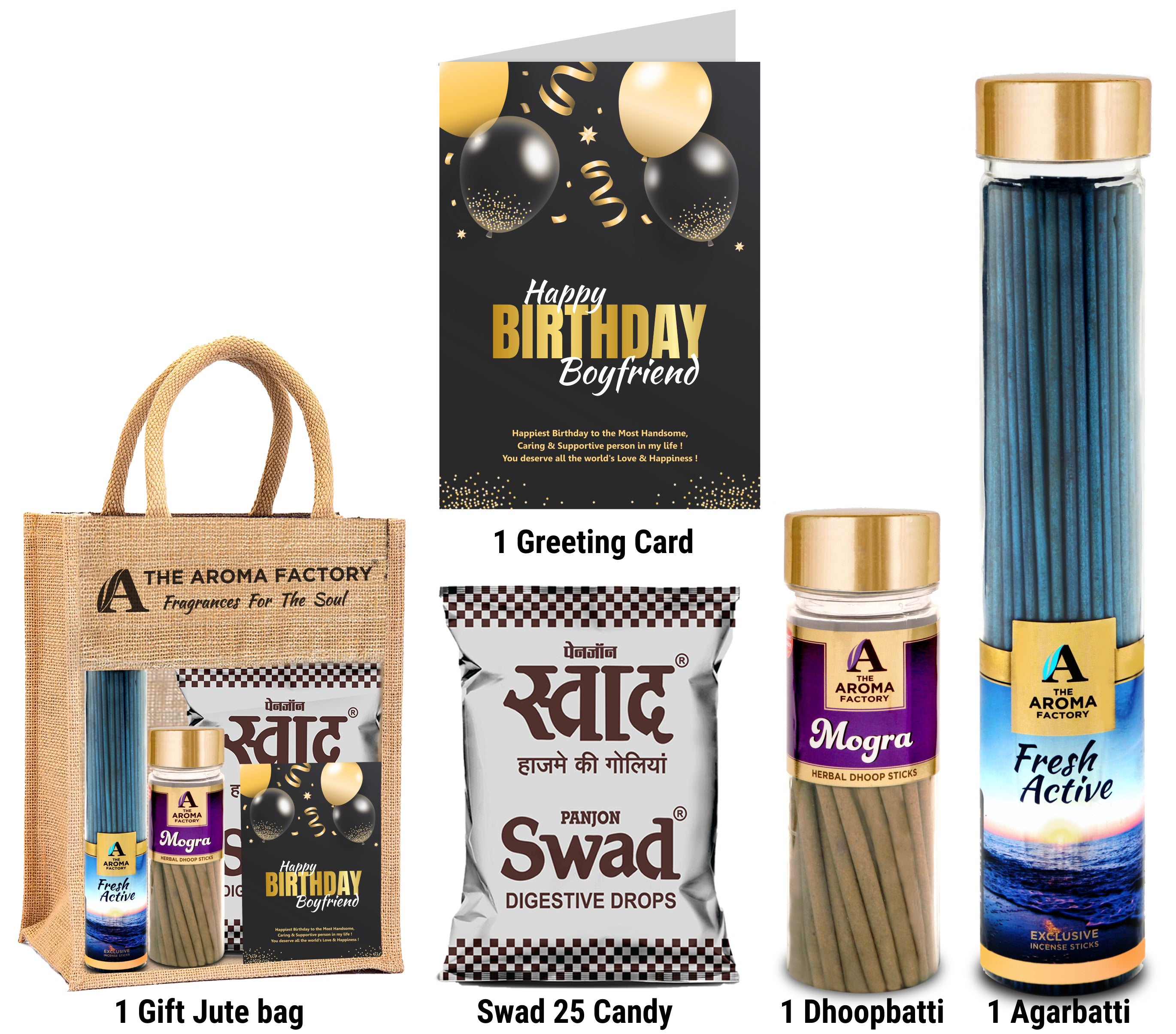 The Aroma Factory Happy Birthday Boy Friend Gift with Card (25 Swad Candy, Fresh Active Agarbatti Bottle, Mogra Dhoopbatti) in Jute Bag
