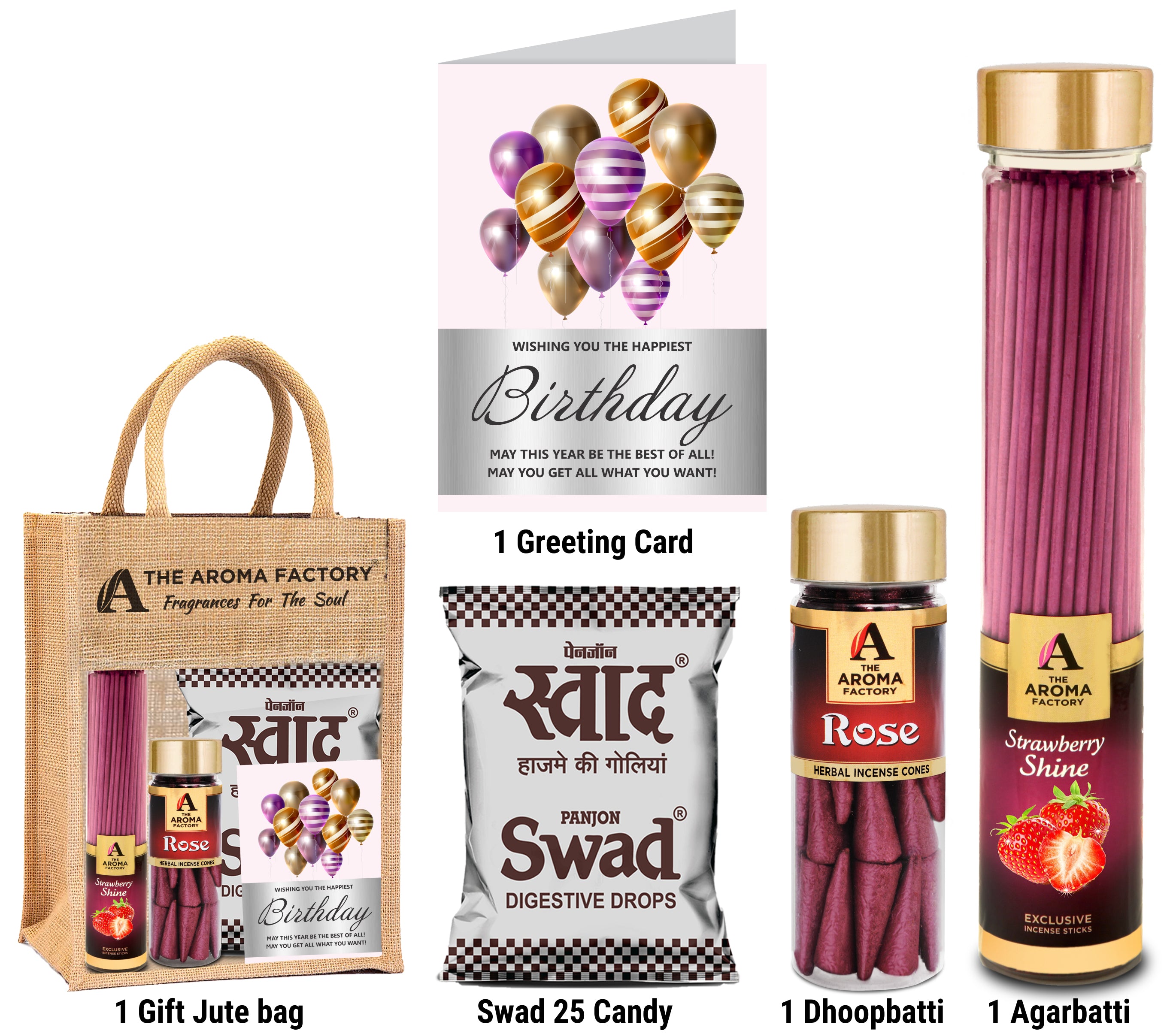 The Aroma Factory Happy Birthday Friend Gift with Card (25 Swad Candy, Strawberry Agarbatti Bottle, Rose Cone) in Jute Bag