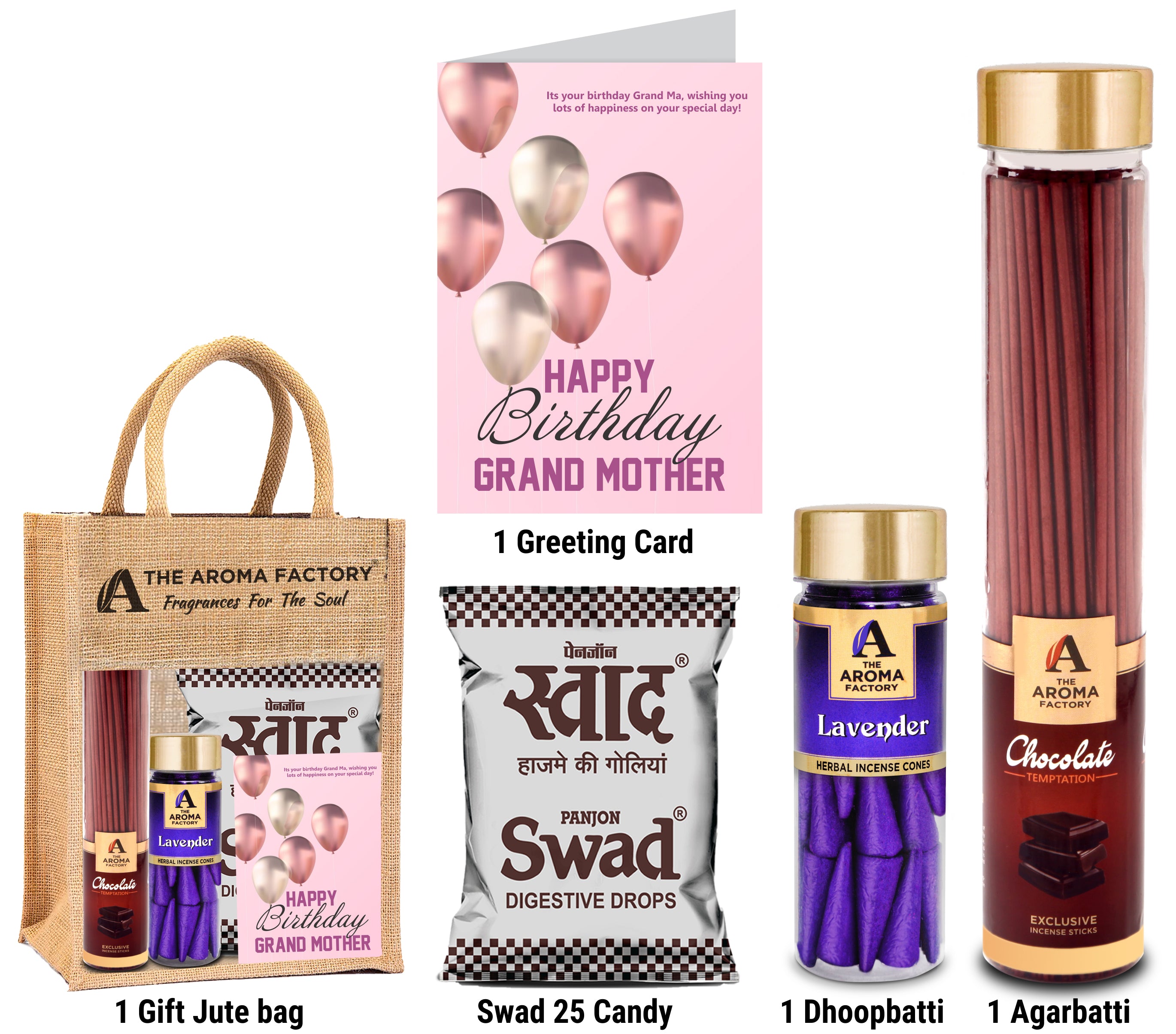 The Aroma Factory Happy Birthday Dadi Grand Mom Gift with Card (25 Swad Candy, Chocolate Agarbatti Bottle, Lavender Cone) in Jute Bag