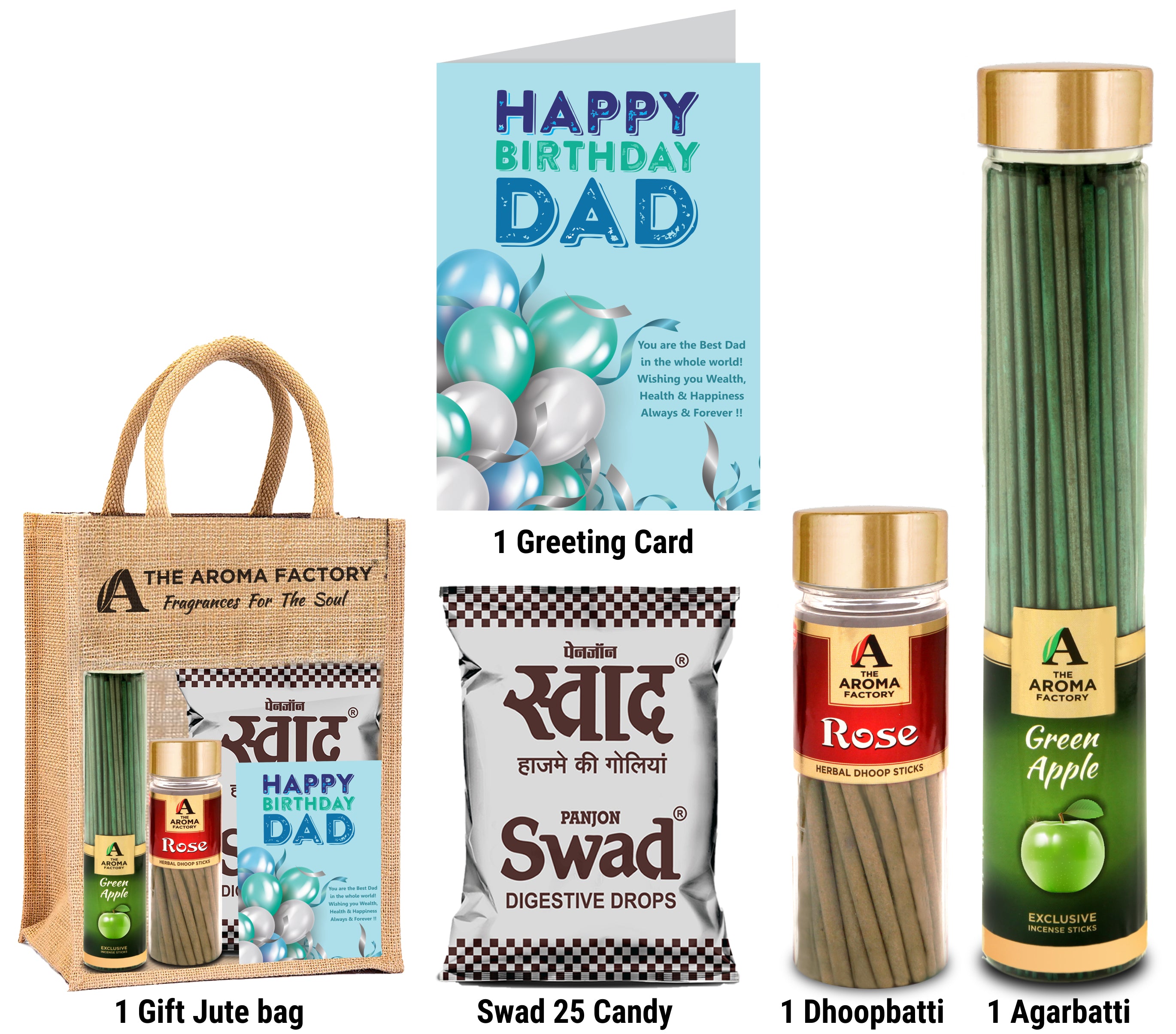 The Aroma Factory Happy Birthday Dad Papa Father Gift with Card (25 Swad Candy, Green Apple Agarbatti Bottle, Rose Dhoopbatti) in Jute Bag