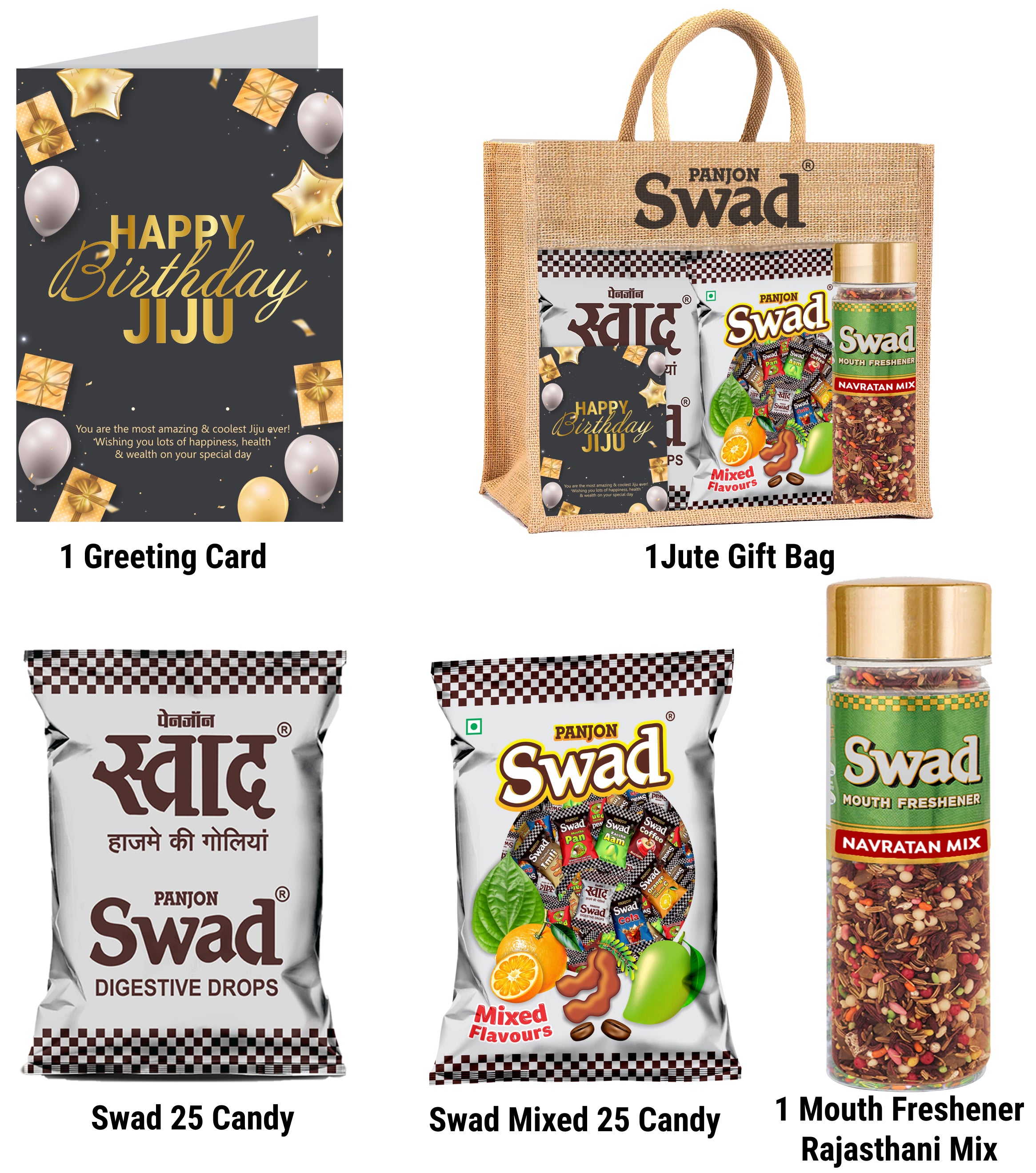 Swad Happy Birthday Gift for Jiju Best Jijaji/jija sister's husband with Card (25 Swad Candy, 25 Mixed Toffee, Navratan Mukhwas) in Jute Bag