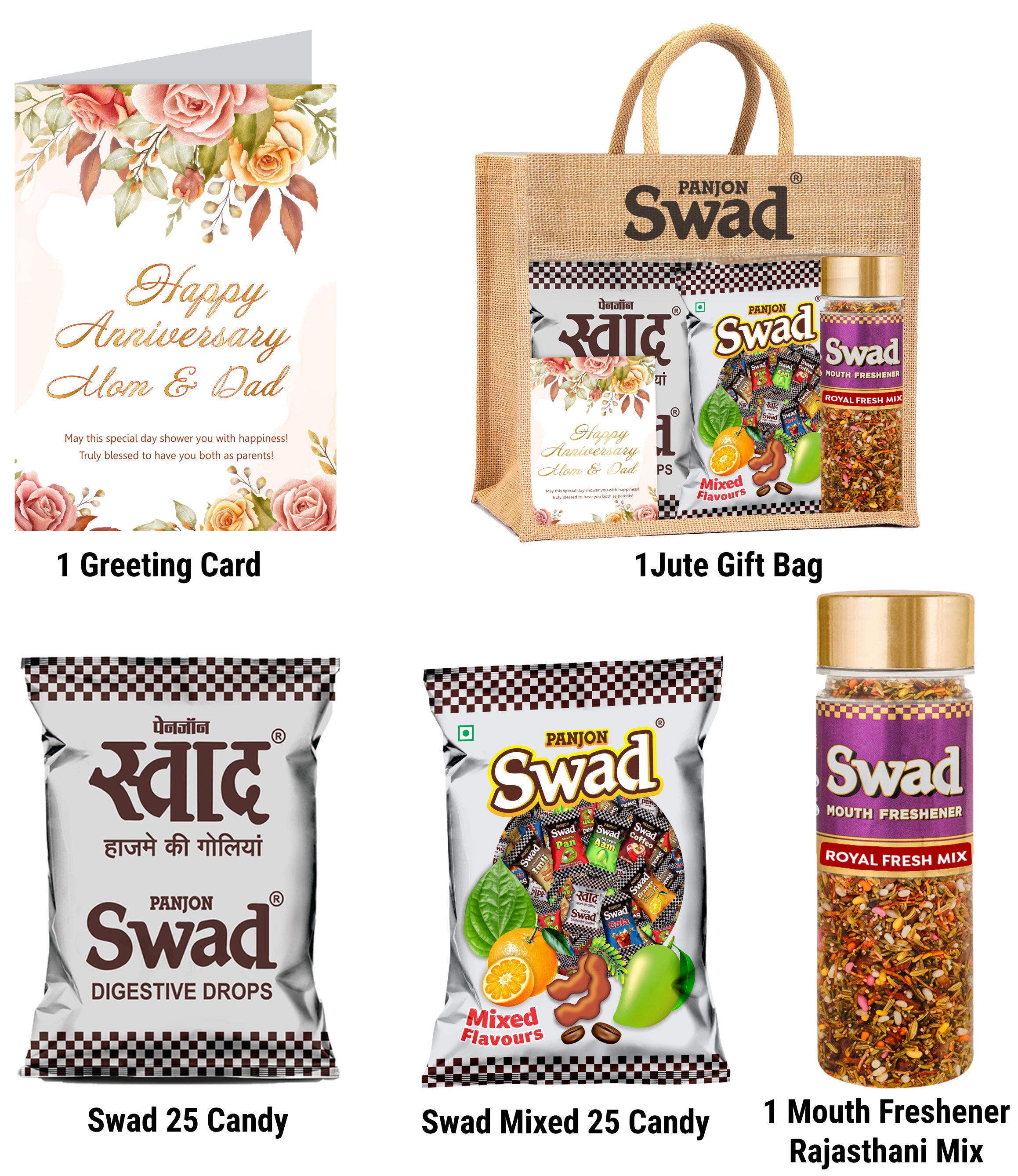 Swad Happy Anniversary Mom Dad Parents Gift with Card (25 Swad Candy, 25 Mixed Toffee, Royal Fresh Mix Mukhwas) in Jute Bag