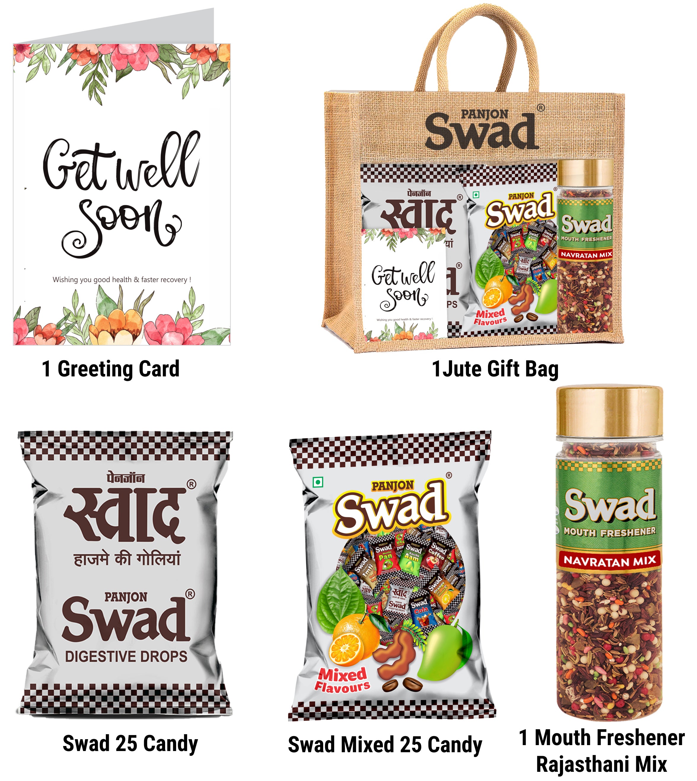 Swad Get Well Soon Gift with Card (25 Swad Candy, 25 Mixed Toffee, Navratan Mix Mukhwas) in Jute Bag