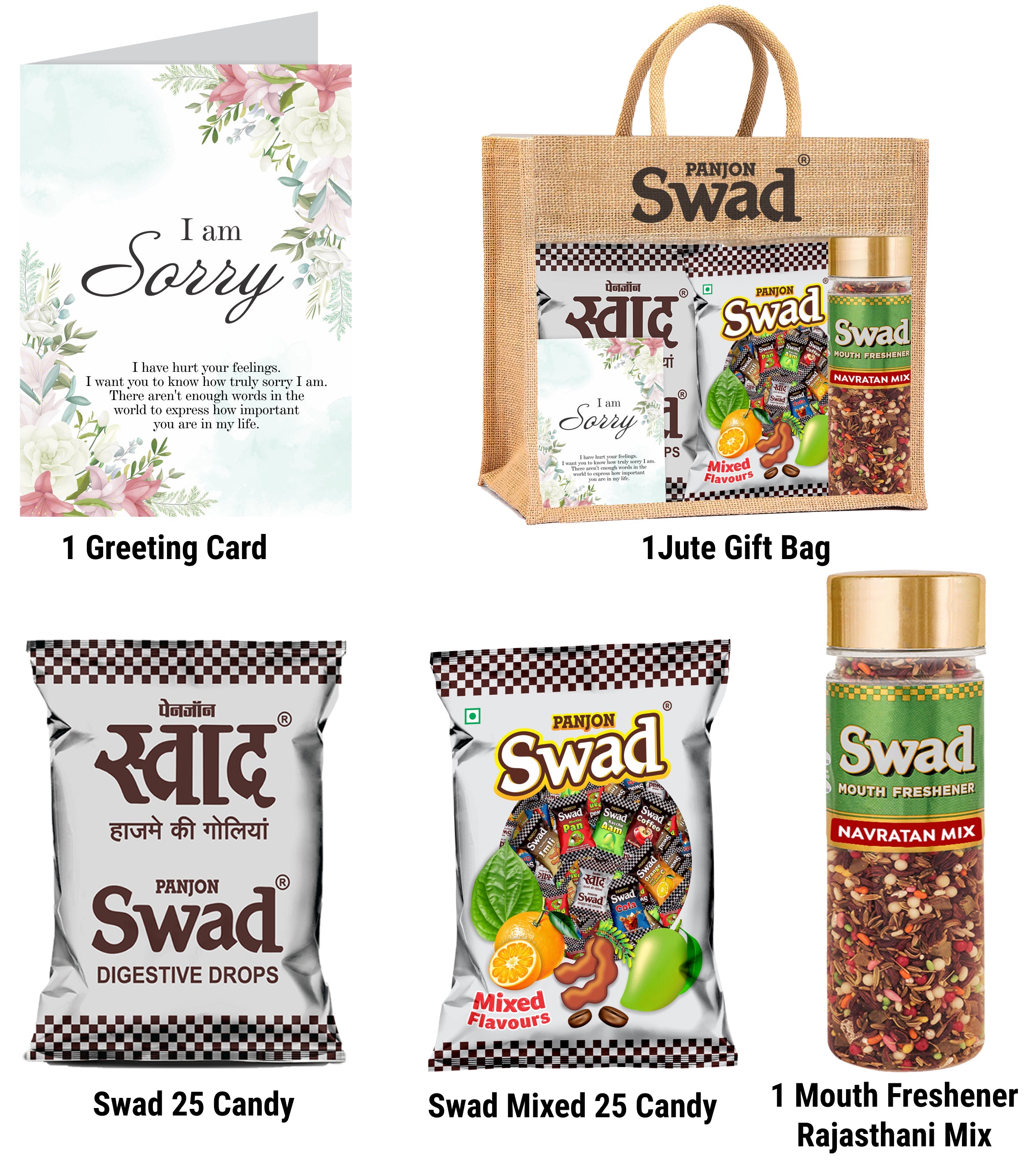Swad I am Sorry Apology Gift with Card (25 Swad Candy, 25 Mixed Toffee, Navratan Mix Mukhwas) in Jute Bag