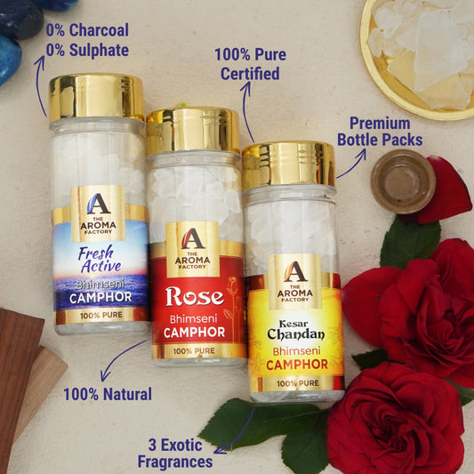 The Aroma Factory Pure Bhimseni Camphor, Fresh Active, Rose & Kesar Chandan, Zero Residue Kapoor with Fragrance for Pooja, Aarti Kapur | Bottle Pack of 3 x 80gm