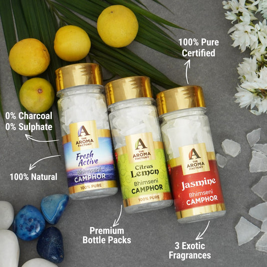 The Aroma Factory Pure Bhimseni Camphor, Fresh Active ,Citrus Lemon & Jasmine Zero Residue Kapoor with Fragrance for Pooja, Aarti Kapur | Bottle Pack of 3 x 80gm